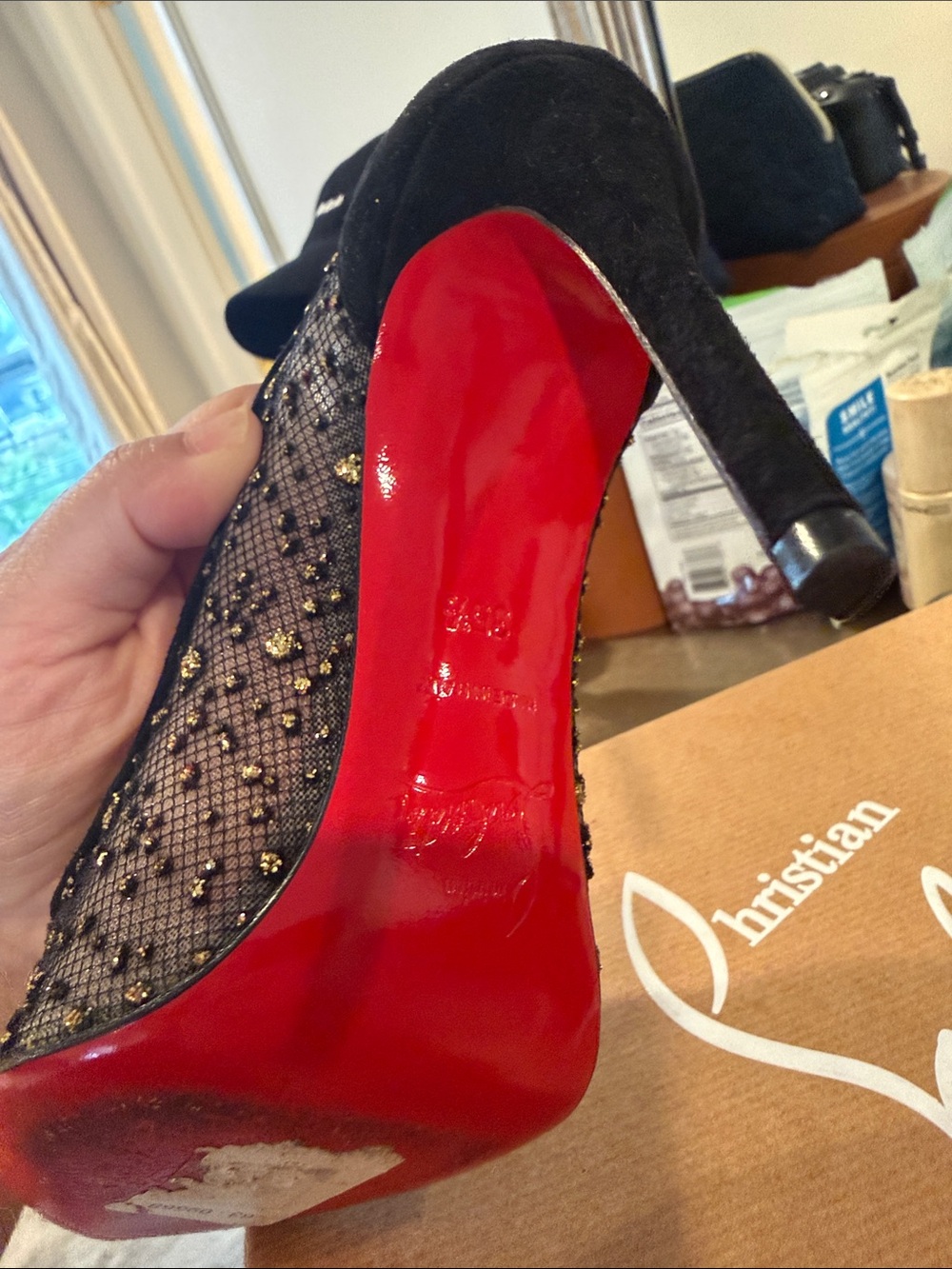 Christian Louboutin Black Mesh and Gold-Accented Pointed Pumps - Picture 6 of 8
